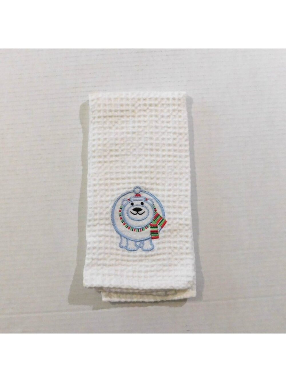 Holiday Polar Bear Hand Towel White Waffle Weave Embroidery 22x15 Inches
